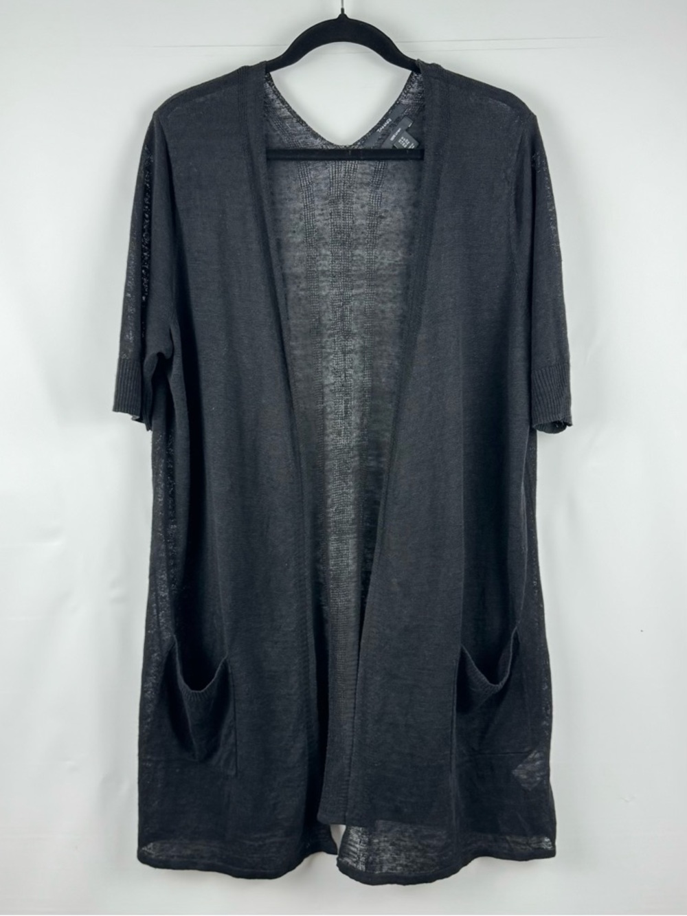 Open-Front Short Sleeve 100% Linen Cardigan in Black